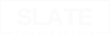 Slate-logo2 White logo with the word "SLATE" in large bold letters above the word "CONSTRUCTION," all inside a thin rectangular border on a light background.